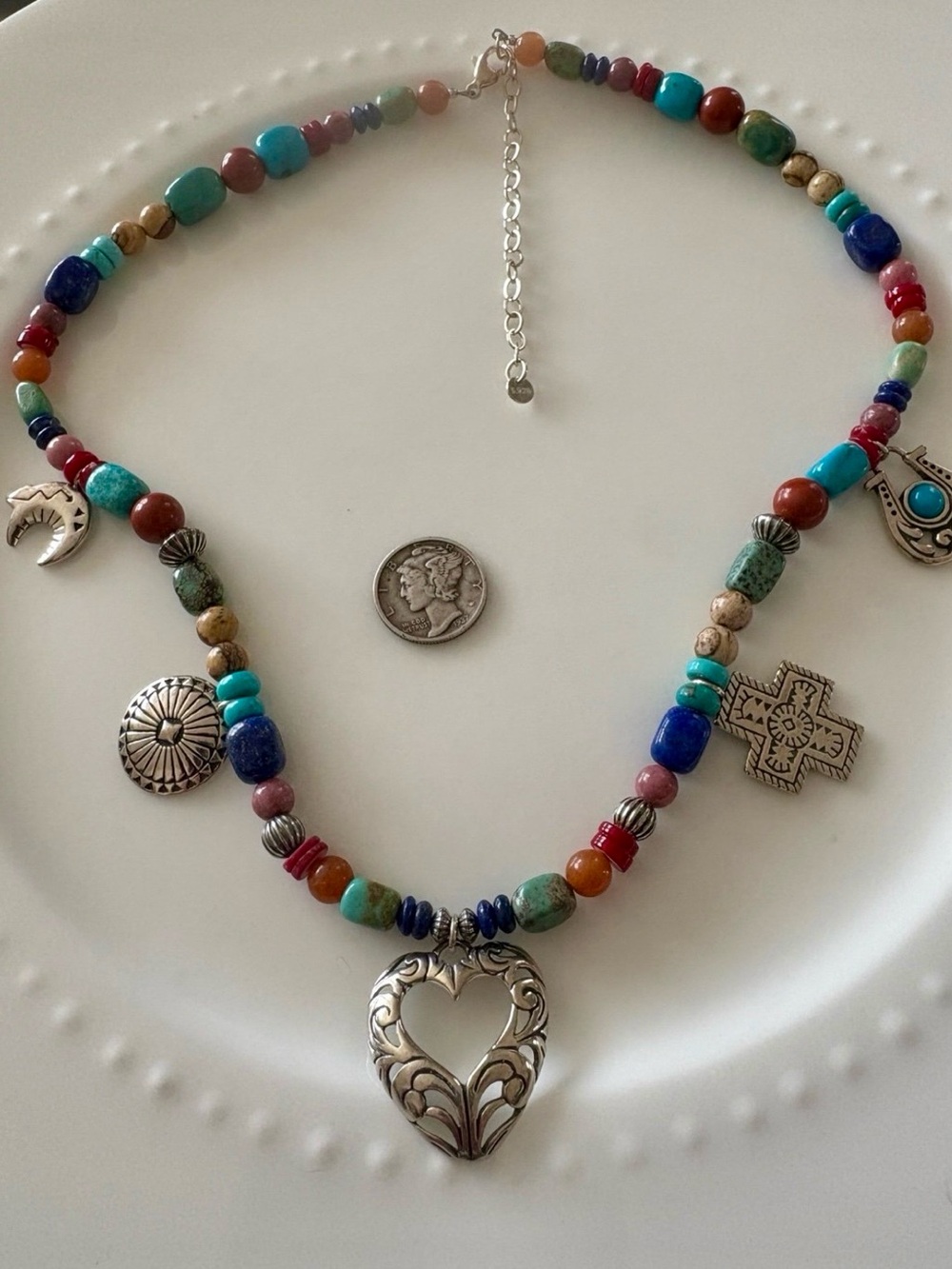 Vintage Shube Dakota West Navajo Southwestern 925 Multi Gemstone Charm Necklace
